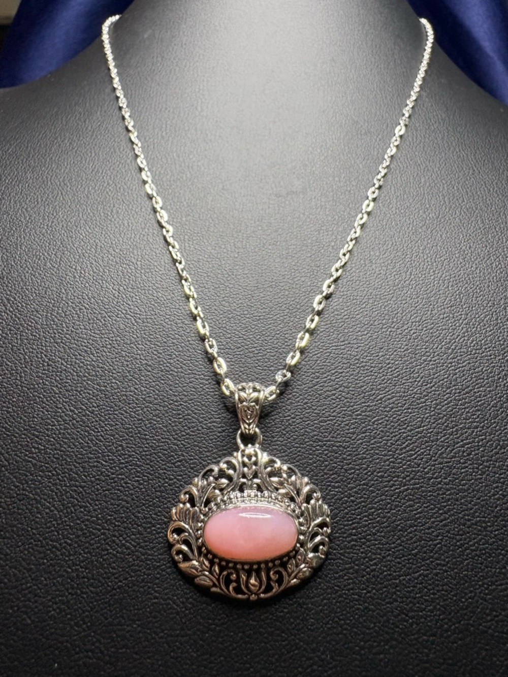 Pendant Peruvian Pink Opal 925 Sterling Silver Bali Style Feminine Filigree
